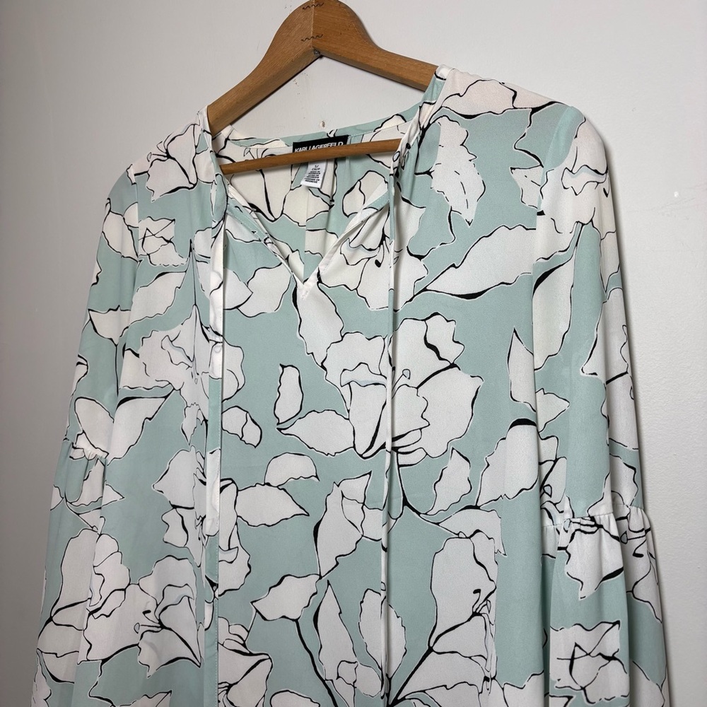 Karl Lagerfeld Paris Mint Floral Tie-Neck Balloon Sleeve Chiffon Blouse Sz Sm - Picture 2 of 8